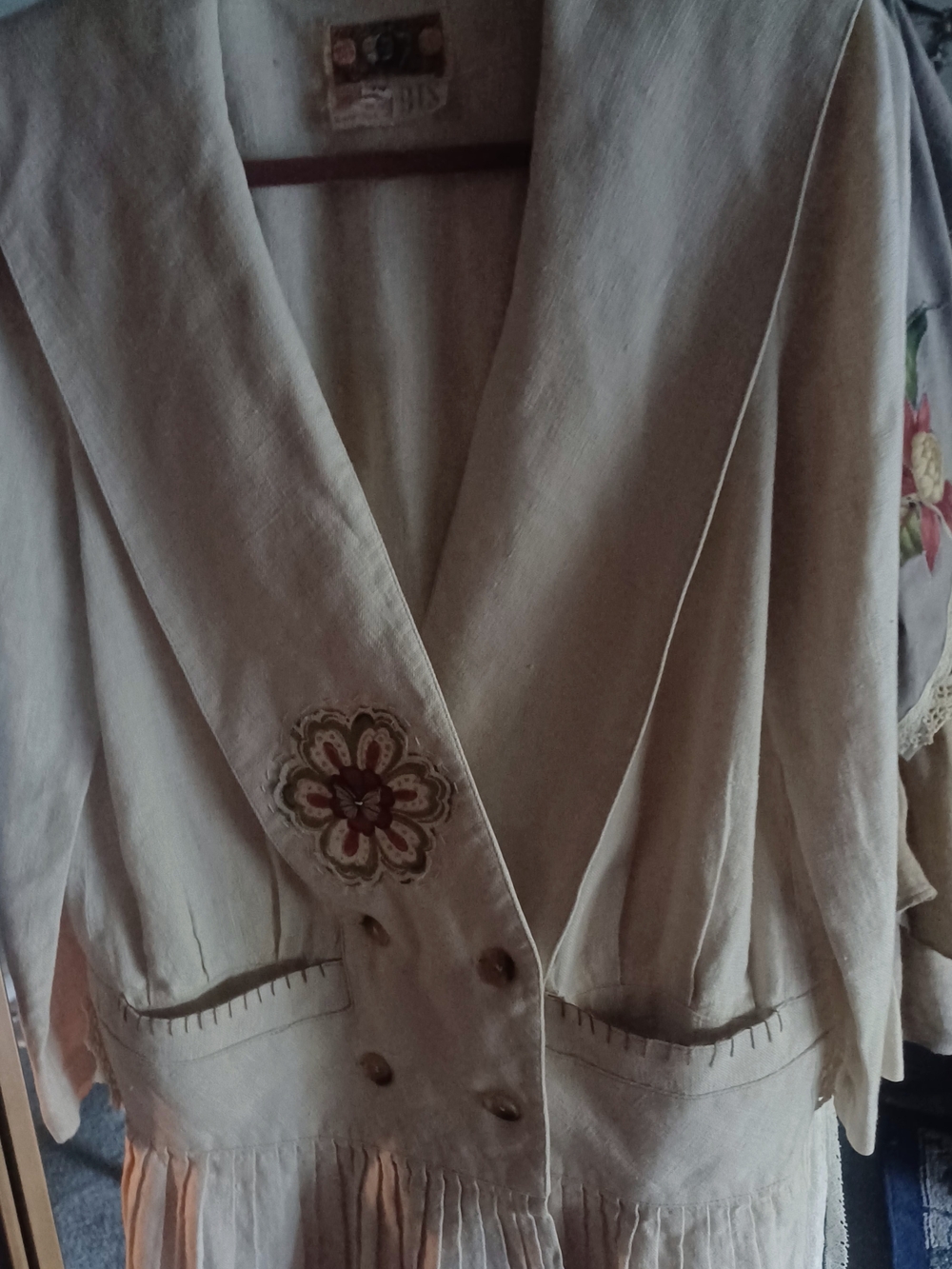 BIS Linen Double-Breasted Jacket Upcycled w/ floral Applique And Crochet Trim
